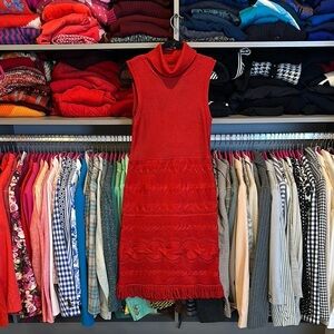Calvin Klein red sleeveless turtleneck fringe hem dress size XSP